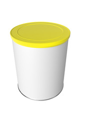 3D realistic render of Round white tin can with yellow plastic lid, Container for tea, coffee, sugar, candy, food, spice or paint. Realistic packaging mock up template with clipping path.
