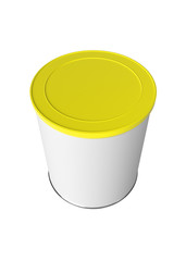 3D realistic render of Round white tin can with yellow plastic lid, Container for tea, coffee, sugar, candy, food, spice or paint. Realistic packaging mock up template with clipping path.