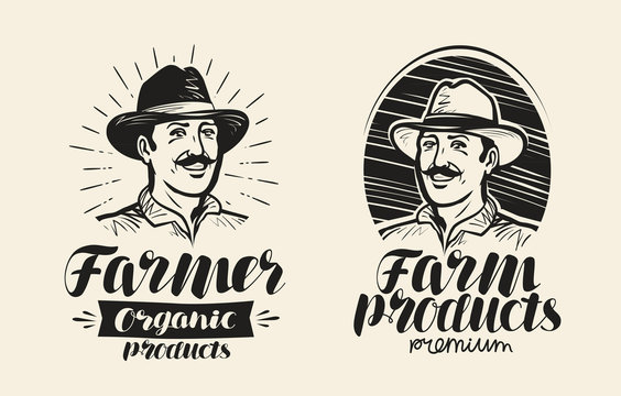Portrait of happy farmer in hat, logo or label. Handwritten lettering, calligraphy vector illustration
