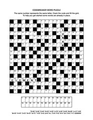 Puzzle page with codebreaker (or codeword, or code cracker) word game. Answer included.
