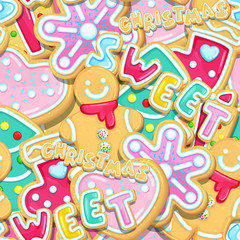 Sweet christmas cookies. Seamless vector pattern of homemade pastry baking with inscriptions. Snowflake, heart, gingerbread man, sock, christmas tree