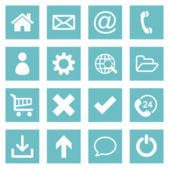 White flat basic web icon collection on glaucous rectangular backgrounds