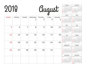 Simple calendar planner for 2018 year. Vector design August template. Set of 12 months. Week starts sunday. Calendar planning week.