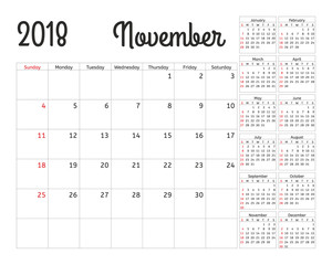 Simple calendar planner for 2018 year. Vector design November template. Set of 12 months. Week starts sunday. Calendar planning week.
