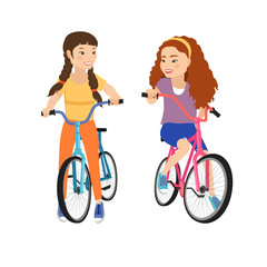 Two smiling girls with bicycles isolated .Girl friendship