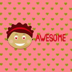 Kids face vector illustration. Vector Achievement school Labels. Emoji portrait with hearts background and Awesome word