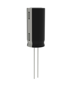 3D realistic render of black electrolytic capacitor Isolated on white background with shadow and clipping path, Electronics part concept.