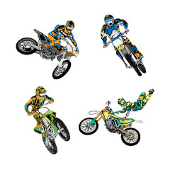 set of motocross rider badge logo design vector illustration - obrazy, fototapety, plakaty