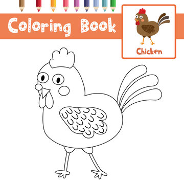 Coloring page of Chicken animals for preschool kids activity educational worksheet. Vector Illustration.