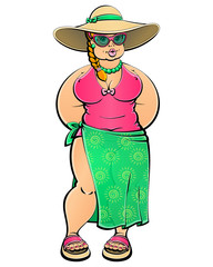 Diet and weight. Plump woman in swimsuit, hat and pareo on the beach. From a large series of similar images.