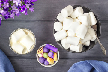 Hot Chocolate with marshmallows and candy canes on black wood table