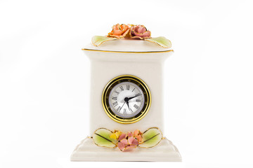 Retro alarm clock with retro colored in white background, white background with retro alarm clock...