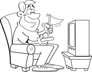 Black and white illustration of a man watching television and holding a pennant.