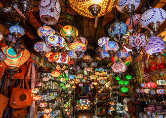 Colorful lanterns and lamps hanging in the market at Marrakesh, Morocco
