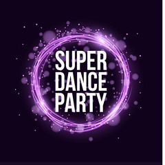 Super dance party. Glowing neon magical banner made of neon strips of purple dust. Bright violet flash. Glare bokeh and abstract purple lights . Festive brochure