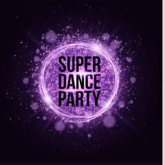 Super dance party. Glowing neon magical banner made of neon strips of purple dust. Bright violet flash. Glare bokeh and purple rays. Festive brochure