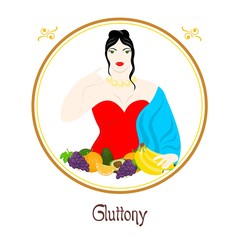 
Illustration with a well-fed woman and a meal on the theme of gluttony.
