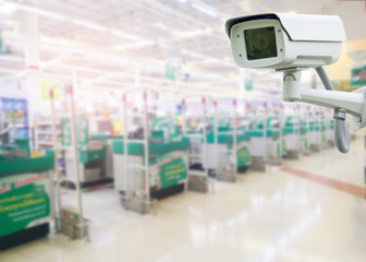 CCTV camera security in shopping mall and supermarket blur background.