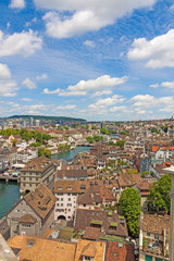 Fototapeta na wymiar View over Zurich, old traditional houses downtown near river limat