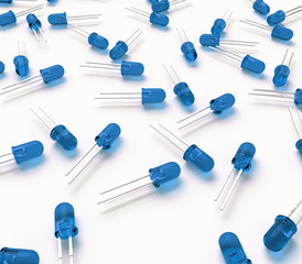 3D realistic render of group blue 3mm led diodes on white background with shadow 
