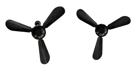 Three blades black electric ceiling fan isolated on white background. It have a dust from usability. (with Clipping inside)