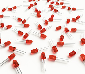 3D realistic render of group red 3mm led diodes on white background with shadow 