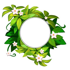 Fototapeta na wymiar Wreath of white small flowers on green leaves with frame for text. Card for holiday concept. Vector illustration in cartoon style isolated on a white background