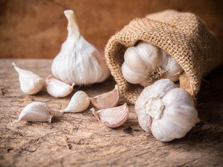 Garlic cloves and bulbs in burlap bag on wooden table.