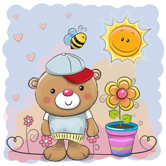 Naklejka premium Cute cartoon Teddy bear with flower