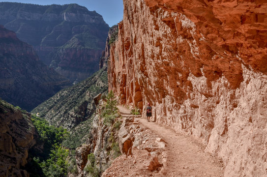 hiker on the North Kaibab trail passing through half tunnel in red llimestone wall of Roaring Springs Canyon
North Rim, Grand Canyon National Park, Arizona, USA 