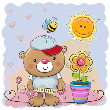 Cute cartoon Teddy bear with flower
