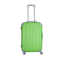 Green suitcase isolated on white background. Polycarbonate suitcase isolated on white.