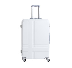 White suitcase isolated on white background. Polycarbonate suitcase isolated on white. White suitcase