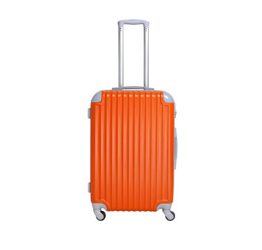 Orange suitcase isolated on white background. Polycarbonate suitcase isolated on white.