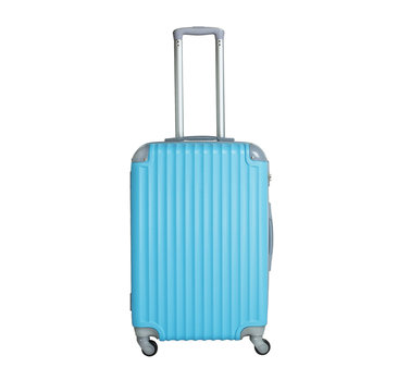 Blue suitcase isolated on white background. Polycarbonate suitcase isolated on white.