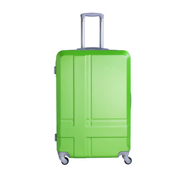 Green suitcase isolated on white background. Polycarbonate suitcase isolated on white.