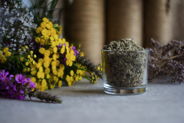 Natural medicine herbs on a vintage background.