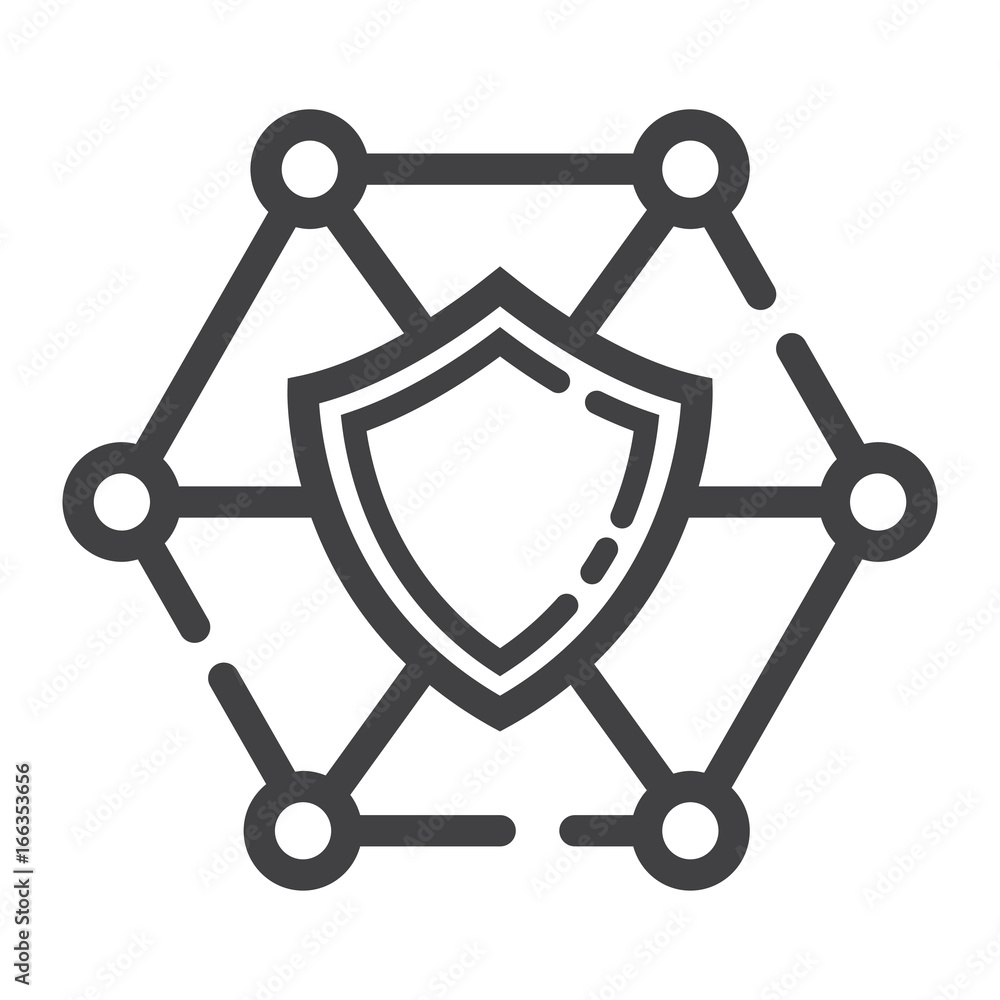 Poster network protection line icon, seo and development, shield sign vector graphics, a linear pattern on 