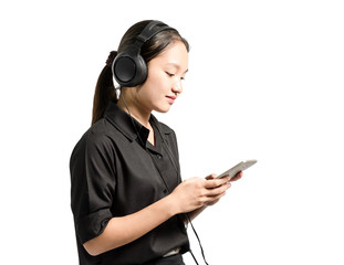 Portrait of a young business woman smiling with earbuds / headphone for listening to music or...