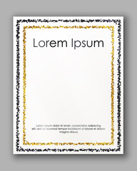 Poster with gold and black silver confetti, sparkles, glitter frame and space for text on white background