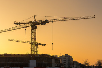 Industrial construction cranes and building silhouettes