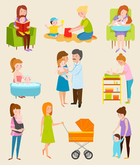Young mother vector characters diferent pose, still woman family life