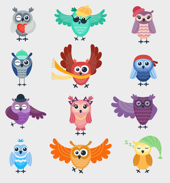 Cartoon owl night fly bird cartoon cute style vector set character different pose