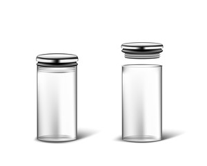 glass can bank set with a silver lid. Packing for loose products  for kitchen. Bank for sugar, salt, pepper and spices. For spaghetti. Template For Mockup Your Design. vector illustration.
