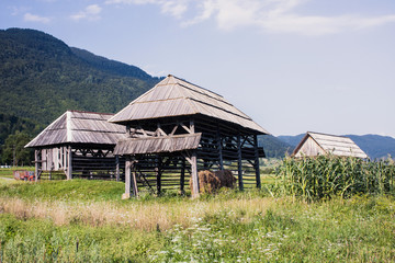 Traditional wooden double linked hayrack or toplarji at Studor, Slovenia