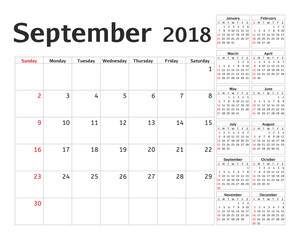 Simple calendar planner for 2018 year. Vector design September template. Set of 12 months. Week starts sunday. Calendar planning week.