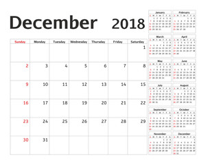 Simple calendar planner for 2018 year. Vector design December template. Set of 12 months. Week starts sunday. Calendar planning week.
