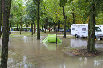 Flood, Flooded campground near Venice, after a thunderstorm, Venice, Italy, Europe