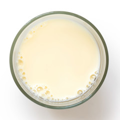 Glass of soya milk with froth isolated on white from above.
