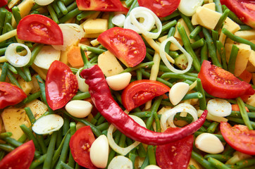 Grilled fresh vegetables with chili peper. Grilled mix of vegetables in a baking tray. Vegetables...